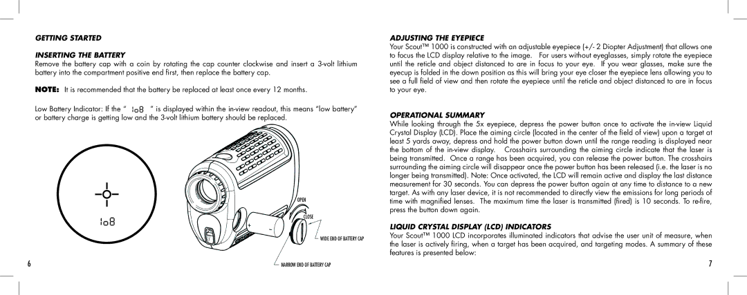 Bushnell 1000 manual Getting Started Inserting the Battery, Adjusting the Eyepiece, Operational Summary 