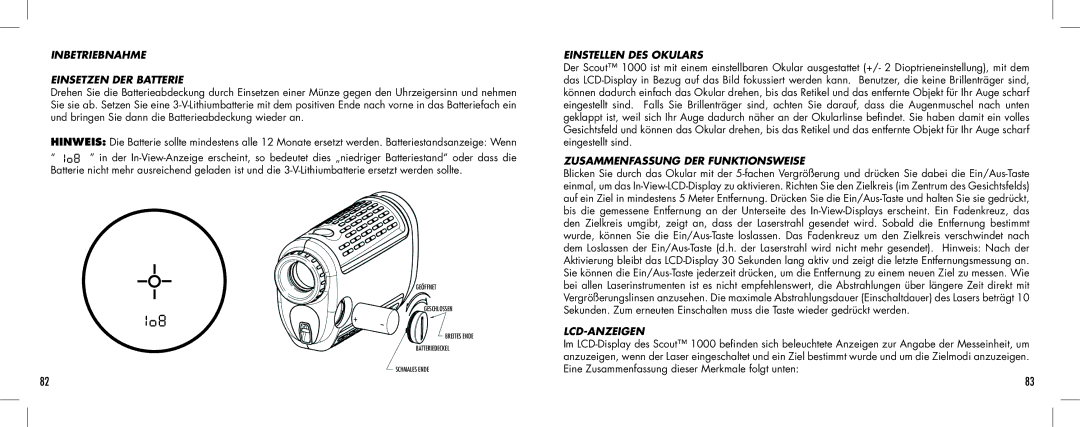 Bushnell 1000 manual Inbetriebnahme Einsetzen DER Batterie, Einstellen DES Okulars 