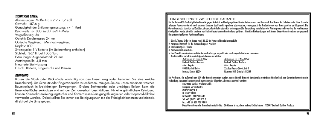 Bushnell 1000 manual Technische Daten, Reinigung 