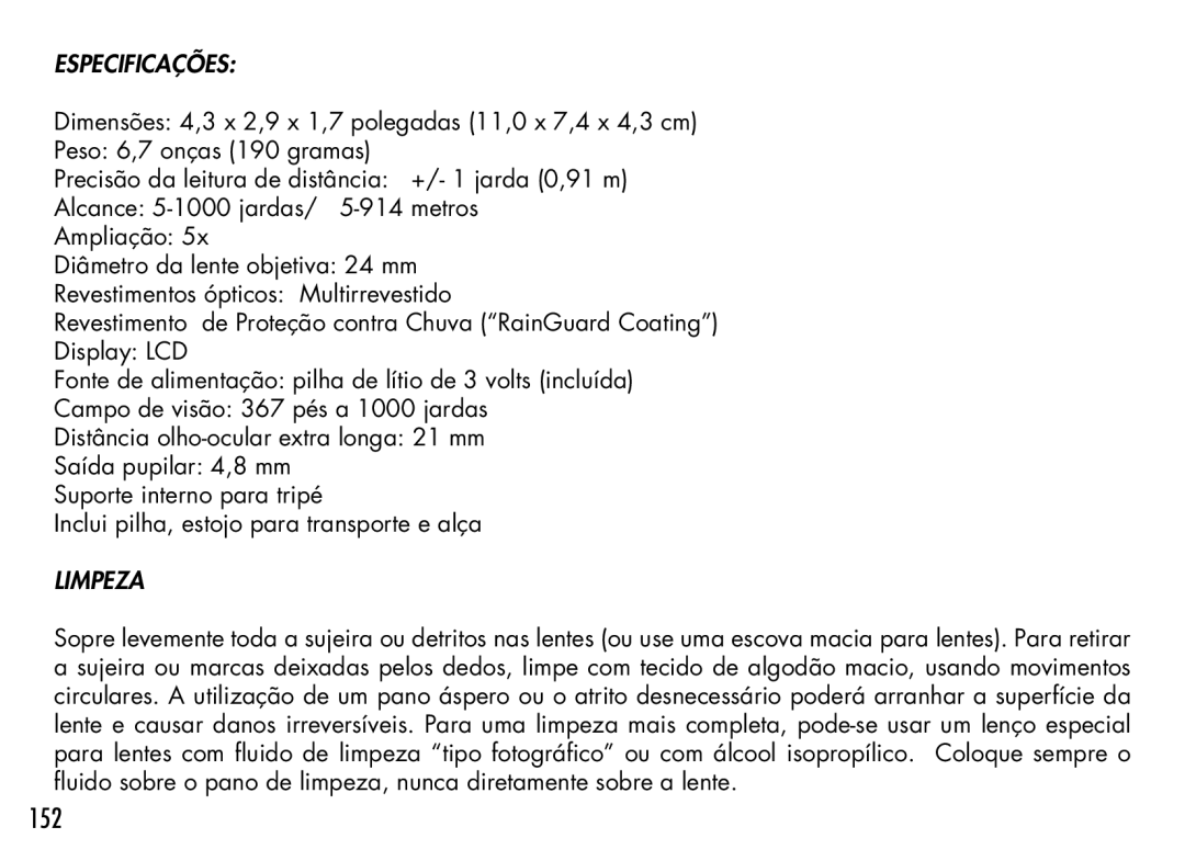 Bushnell 1000 manual 152, Especificações, Limpeza 