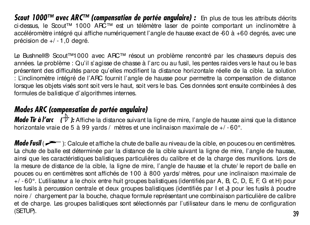 Bushnell 1000 manual Modes ARC compensation de portée angulaire 