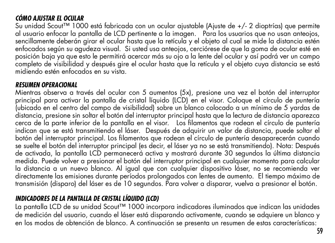 Bushnell 1000 manual Cómo Ajustar EL Ocular, Resumen Operacional, Indicadores DE LA Pantalla DE Cristal Líquido LCD 