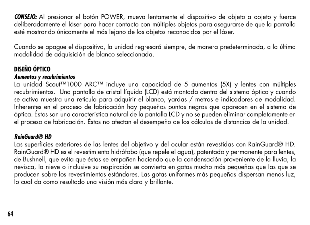 Bushnell 1000 manual Aumentos y recubrimientos, RainGuard HD 
