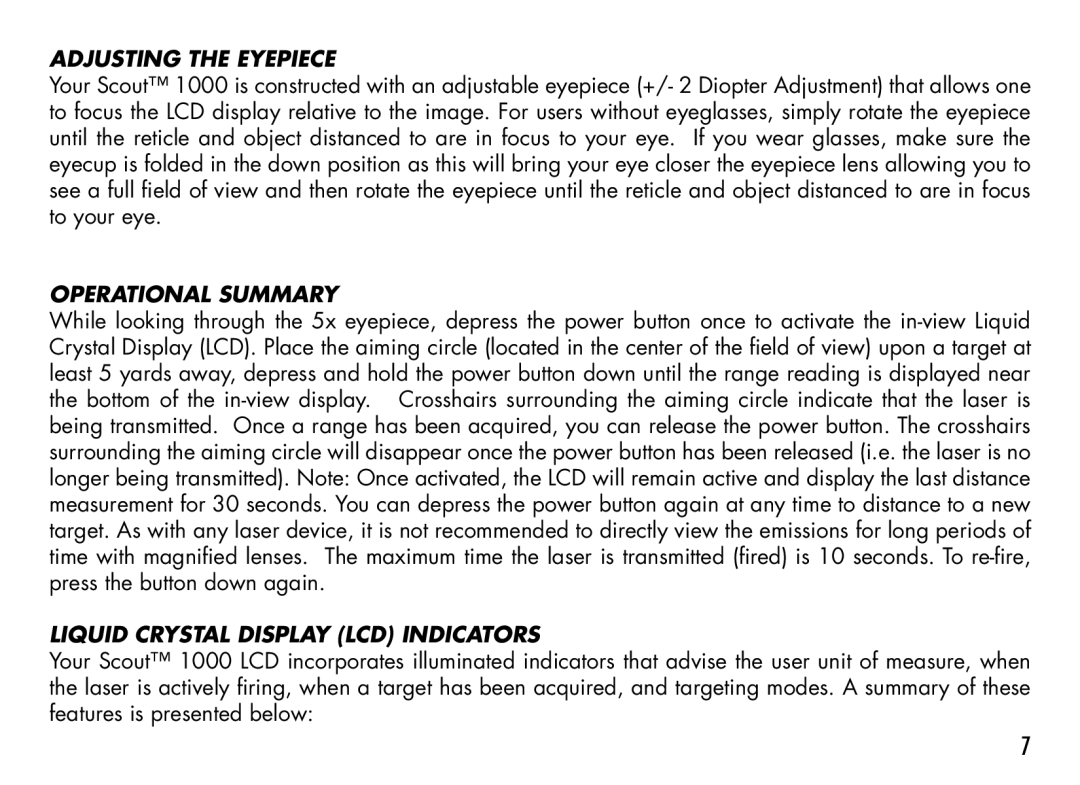 Bushnell 1000 manual Adjusting the Eyepiece, Operational Summary, Liquid Crystal Display LCD Indicators 