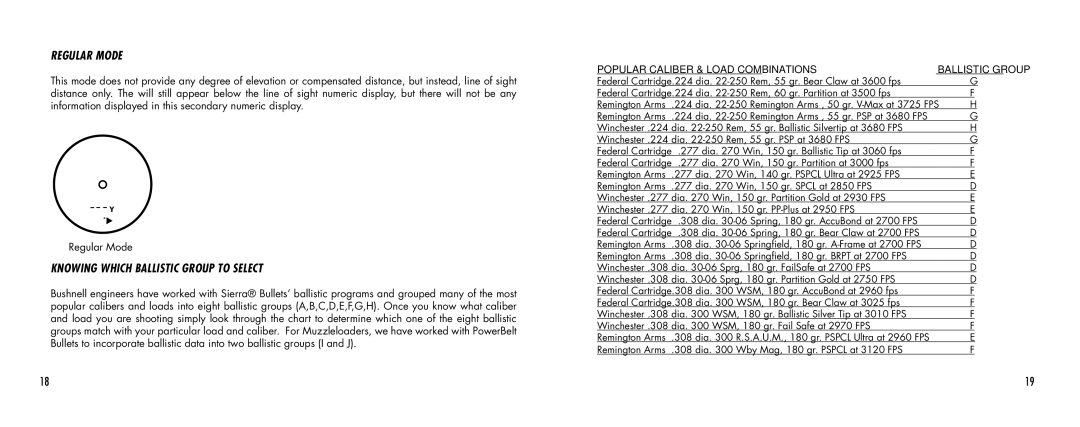 Bushnell 1000 manual Regular Mode, Knowing Which Ballistic Group to Select 