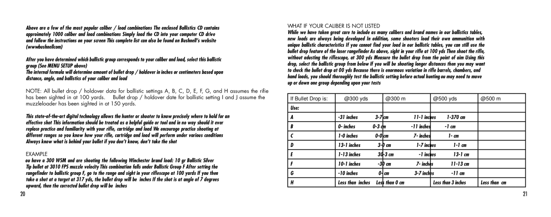 Bushnell 1000 manual Example, What if your caliber is not listed? 