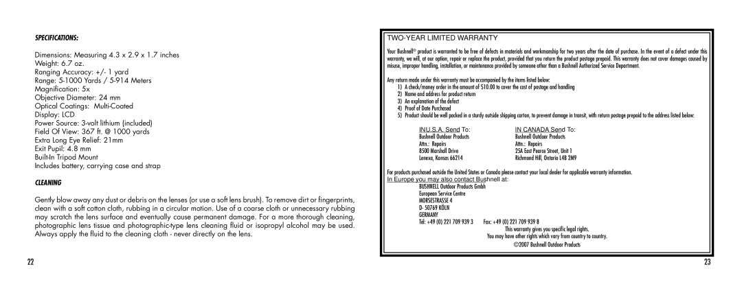 Bushnell 1000 manual Specifications, Cleaning 