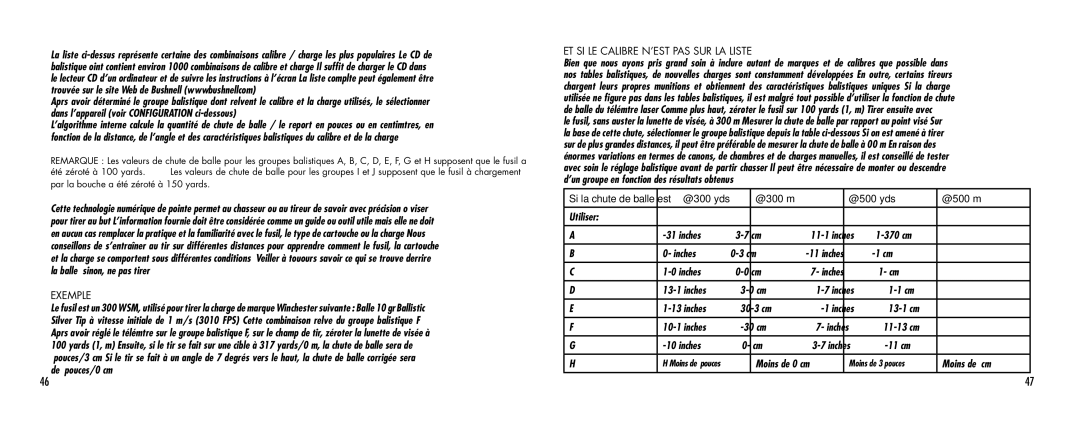 Bushnell 1000 manual Exemple, Et si le calibre n’est pas sur la liste ? 