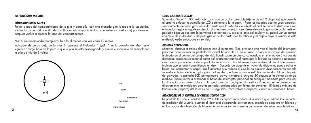 Bushnell 1000 manual Instrucciones Iniciales Cómo Introducir LA Pila, Cómo Ajustar EL Ocular, Resumen Operacional 