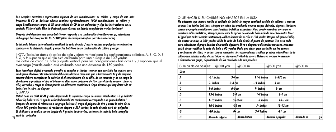 Bushnell 1000 manual Ejemplo, ¿Qué hacer si su calibre no aparece en la lista? 