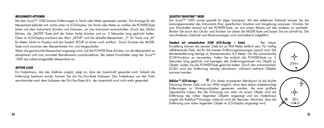 Bushnell 1000 manual Messeinheits-Optionen, Aktiver Laser, Selektive Targeting Modi 