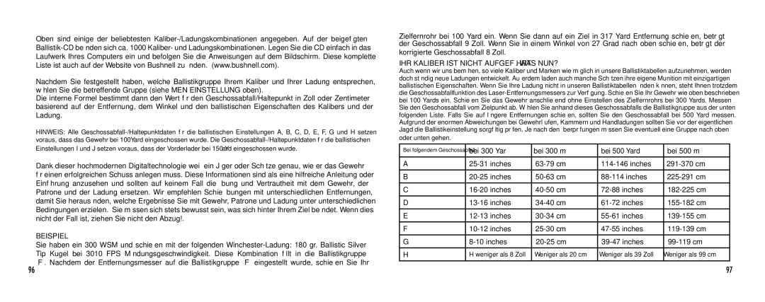 Bushnell 1000 manual Beispiel, Ihr Kaliber ist nicht aufgeführt. Was nun? 