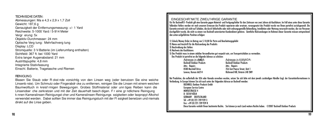 Bushnell 1000 manual Technische Daten, Reinigung 