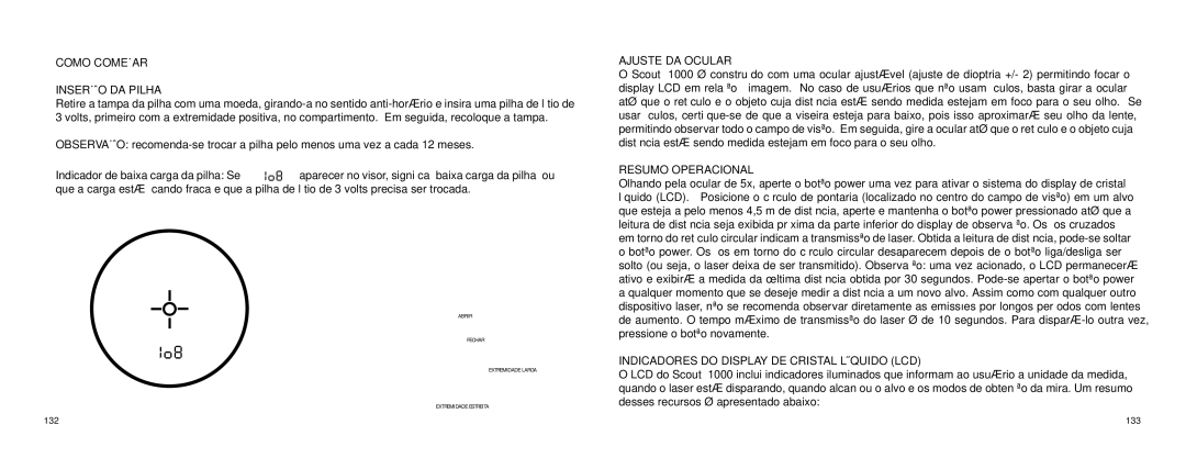 Bushnell 1000 manual 133, Como Começar Inserção DA Pilha, Ajuste DA Ocular, Resumo Operacional 