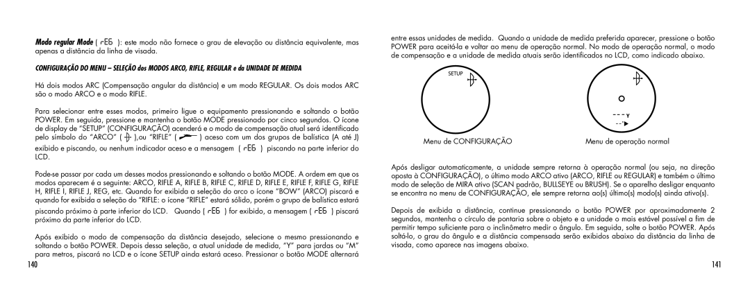 Bushnell 1000 manual 141, Menu de Configuração Menu de operação normal 