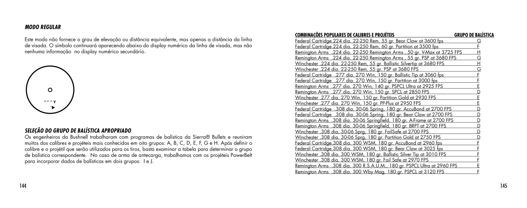 Bushnell 1000 manual Seleção do Grupo DE Balística Apropriado, 145 