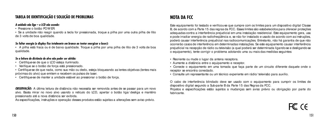 Bushnell 1000 manual 151, Unidade não liga o LCD não acende, Se a leitura da distância do alvo não puder ser obtida 