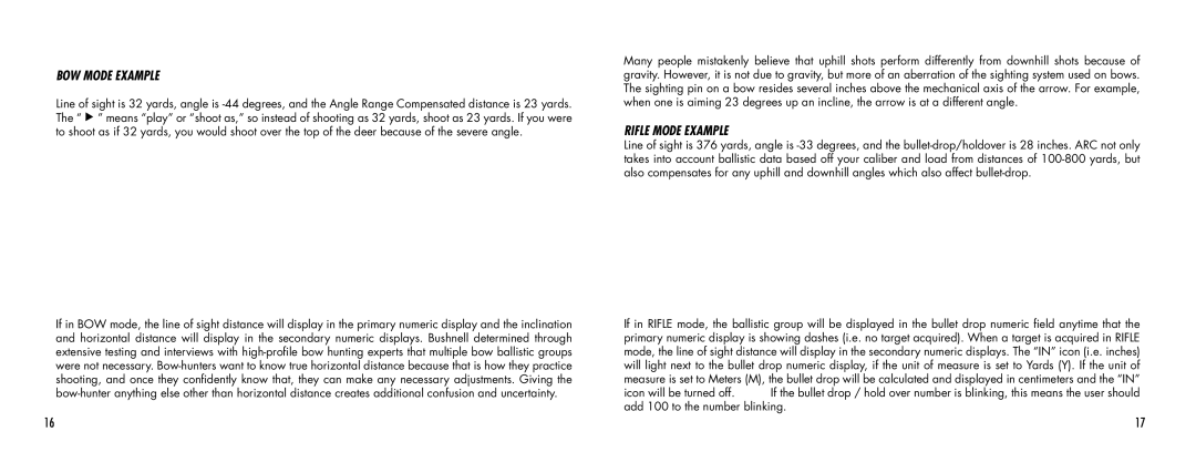 Bushnell 1000 manual BOW Mode Example, Rifle Mode Example 