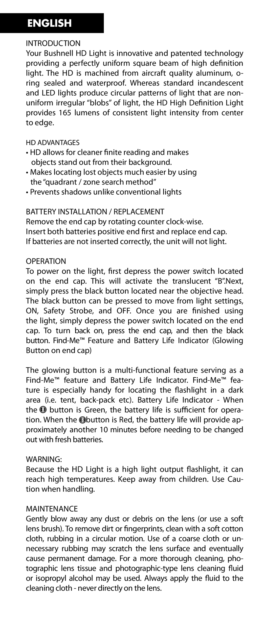 Bushnell 100400, 98-1247/02-09 manual English, Introduction, Battery Installation / Replacement, Operation, Maintenance 