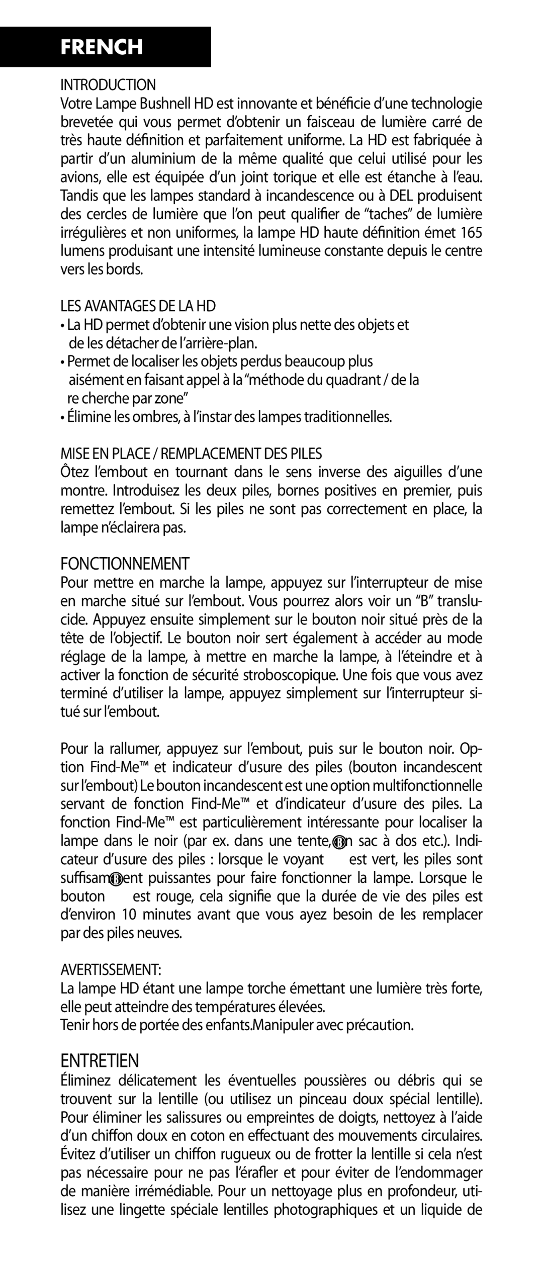 Bushnell 100400, 98-1247/02-09 manual French, LES Avantages DE LA HD, Mise EN Place / Remplacement DES Piles, Avertissement 