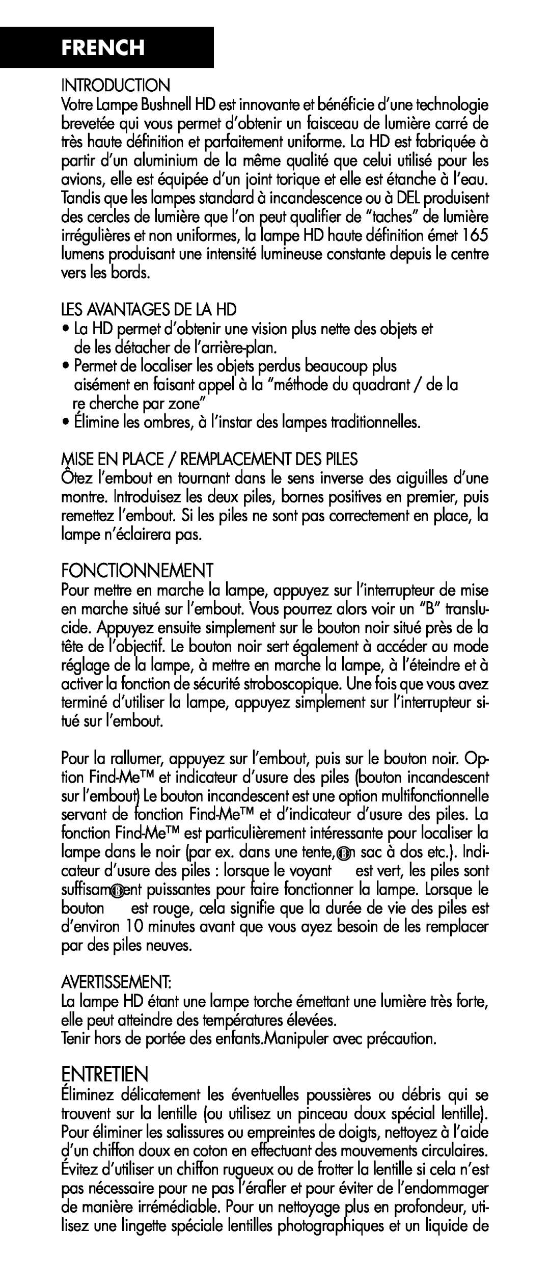 Bushnell 100400 manual French, Entretien, Fonctionnement 