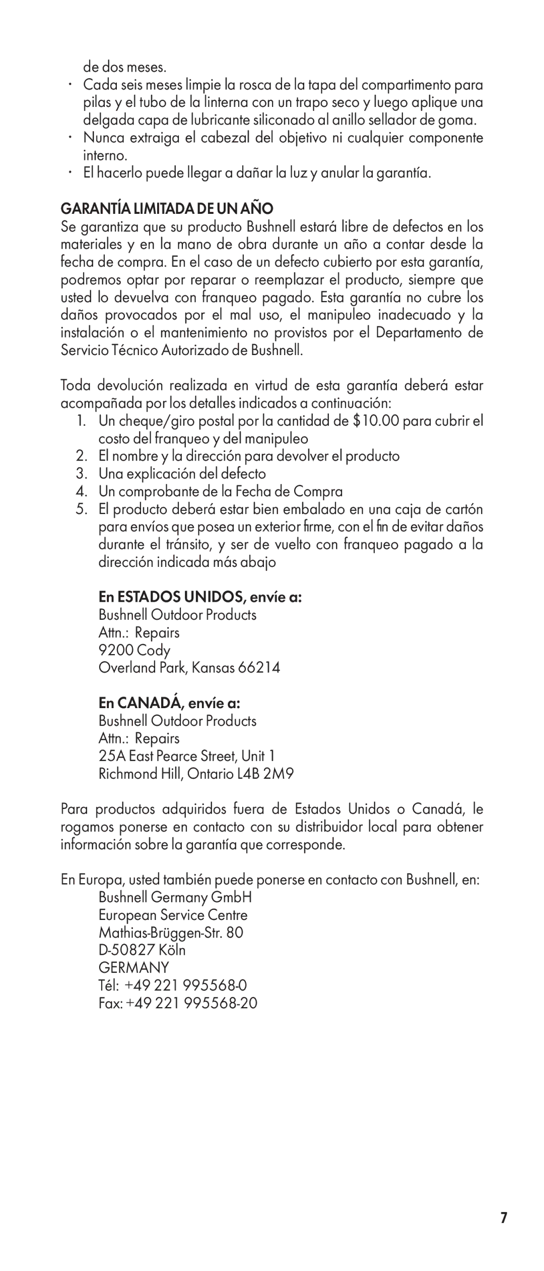 Bushnell 100400BC, 100400C manual De dos meses, Garantía Limitada DE UN AÑO 