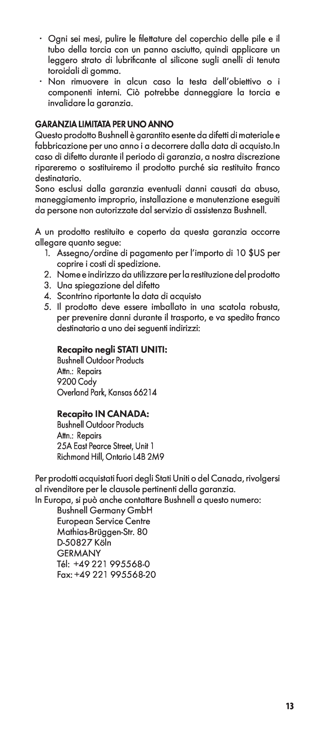 Bushnell 100400BC, 100400C manual Garanzia Limitata Per Uno Anno 