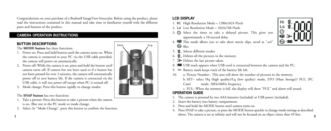 Bushnell 11-0512 manual Camera Operation Instructions, Button Descriptions, Mode button has three functions, LCD Display 