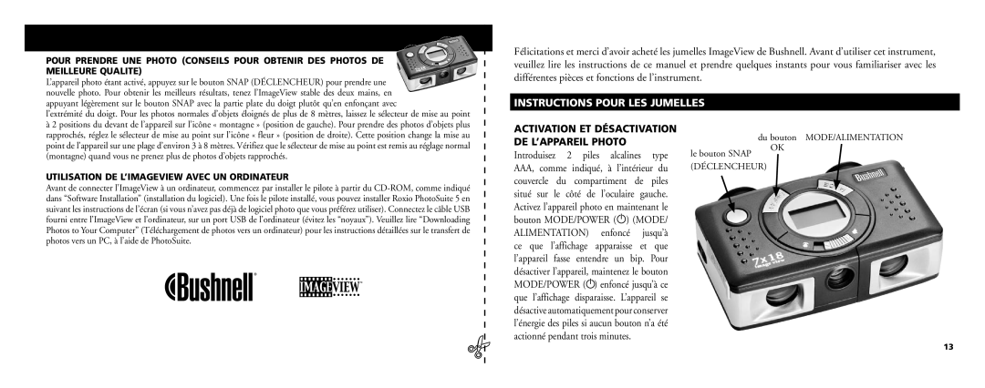 Bushnell 11-0718 manual Instructions Pour LES Jumelles, Activation ET Désactivation DE L’APPAREIL Photo 