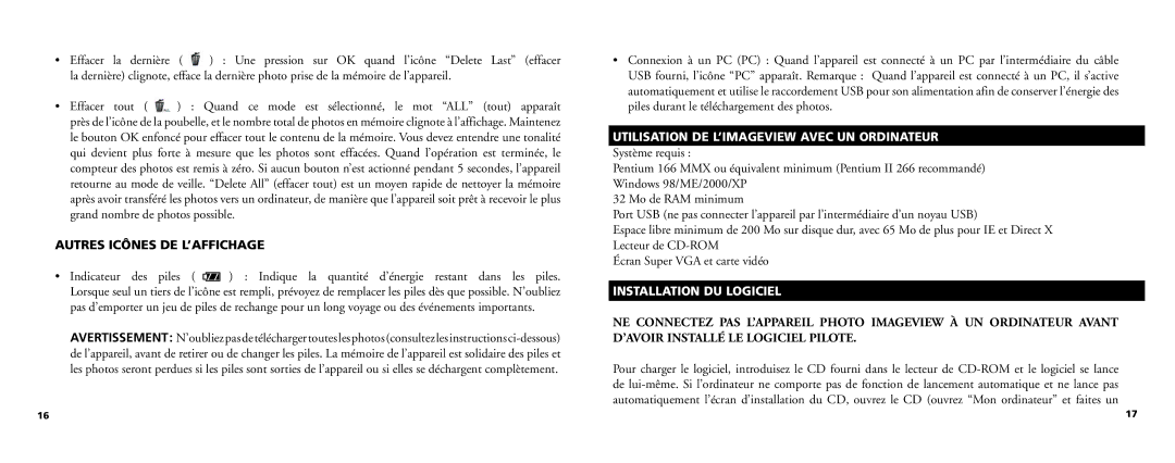 Bushnell 11-0718 Autres Icônes DE L’AFFICHAGE, Utilisation DE L’IMAGEVIEW Avec UN Ordinateur, Installation DU Logiciel 