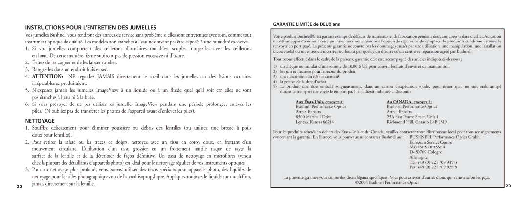 Bushnell 11-0718 manual Instructions Pour L’ENTRETIEN DES Jumelles, Nettoyage 