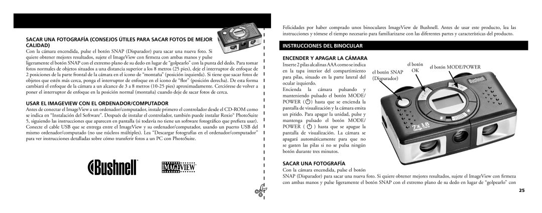 Bushnell 11-0718 Instrucciones DEL Binocular, Encender Y Apagar LA Cámara, Usar EL Imageview CON EL ORDENADOR/COMPUTADOR 