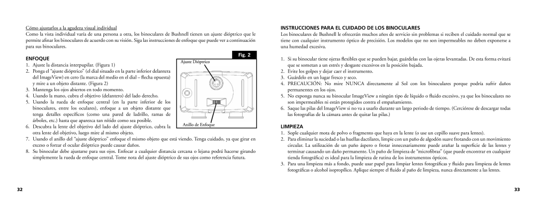 Bushnell 11-0718 manual Enfoque, Instrucciones Para EL Cuidado DE LOS Binoculares, Limpieza 