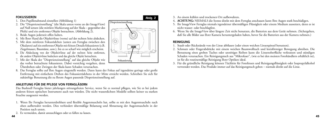 Bushnell 11-0718 manual Fokussieren, Den Pupillenabstand einstellen Abbildung, Anleitung FÜR DIE Pflege VON Ferngläsern 