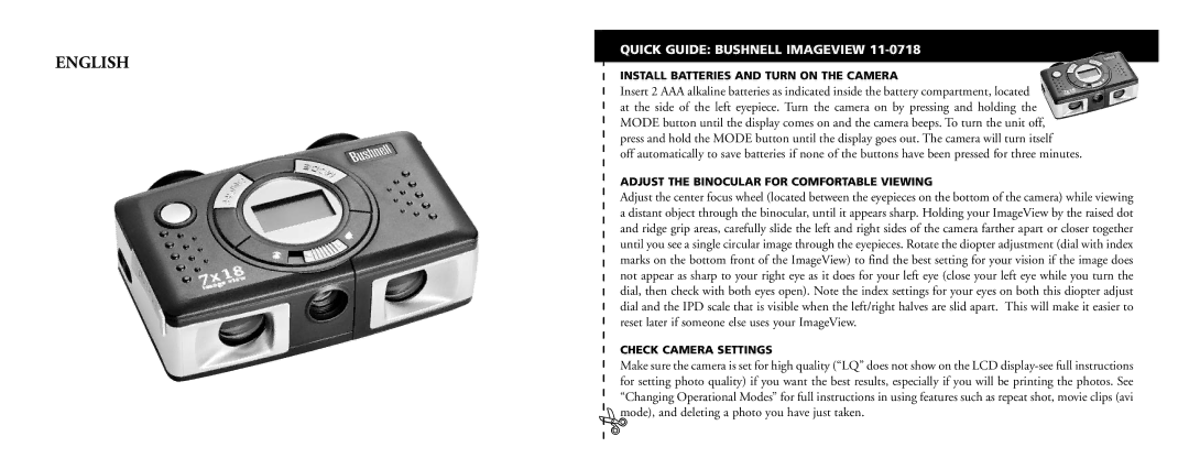 Bushnell 11-0718 English, Quick Guide Bushnell Imageview, Install Batteries and Turn on the Camera, Check Camera Settings 