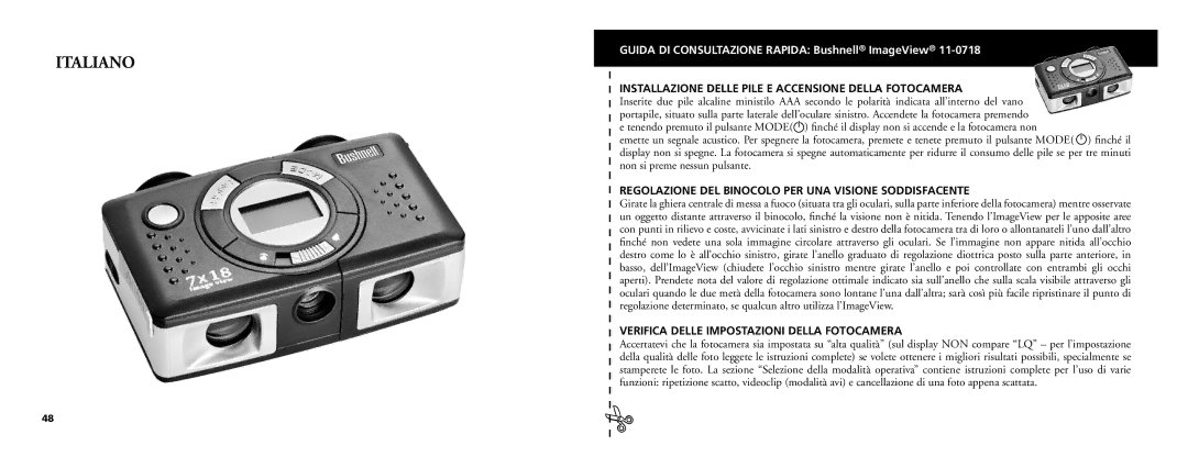 Bushnell 11-0718 manual Italiano, Installazione Delle Pile E Accensione Della Fotocamera 