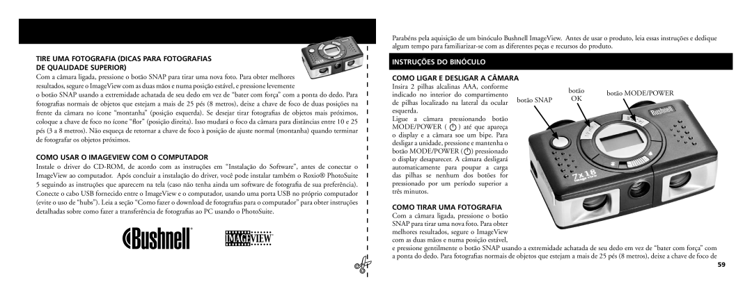 Bushnell 11-0718 manual Como Usar O Imageview COM O Computador, Instruções do Binóculo, Botão MODE/POWER 