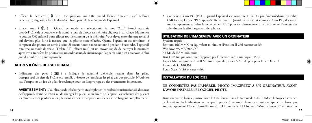 Bushnell 11-0718 Autres Icônes DE L’AFFICHAGE, Utilisation DE L’IMAGEVIEW Avec UN Ordinateur, Installation DU Logiciel 