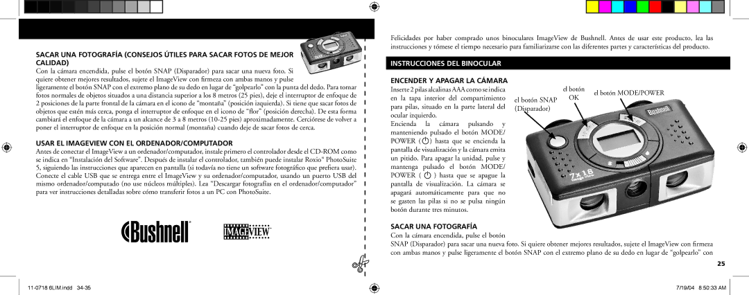 Bushnell 11-0718 Instrucciones DEL Binocular, Encender Y Apagar LA Cámara, Usar EL Imageview CON EL ORDENADOR/COMPUTADOR 