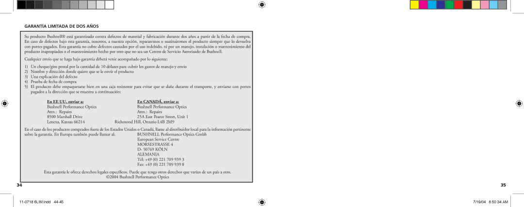 Bushnell 11-0718 manual Garantía Limitada DE DOS Años 