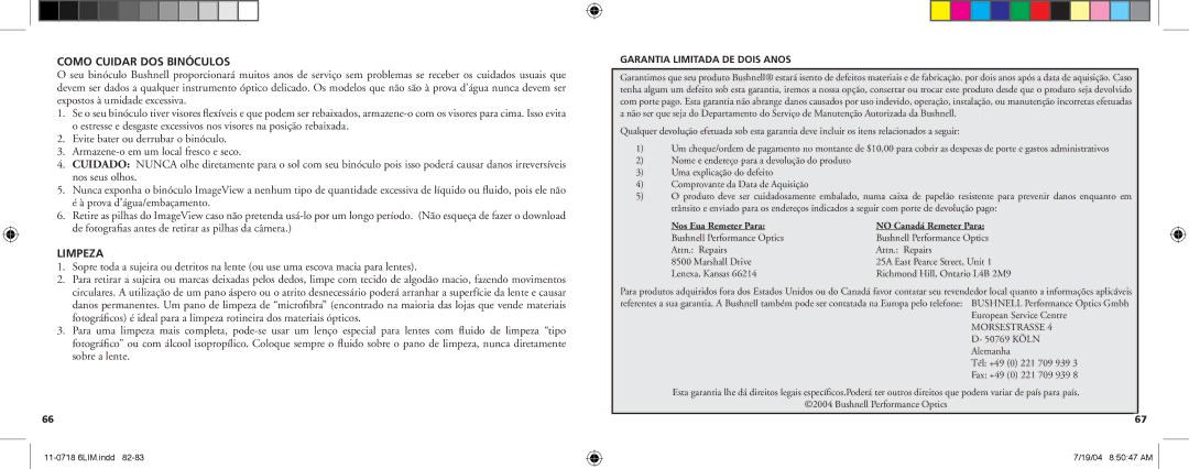 Bushnell 11-0718 manual Como Cuidar DOS Binóculos, Limpeza 