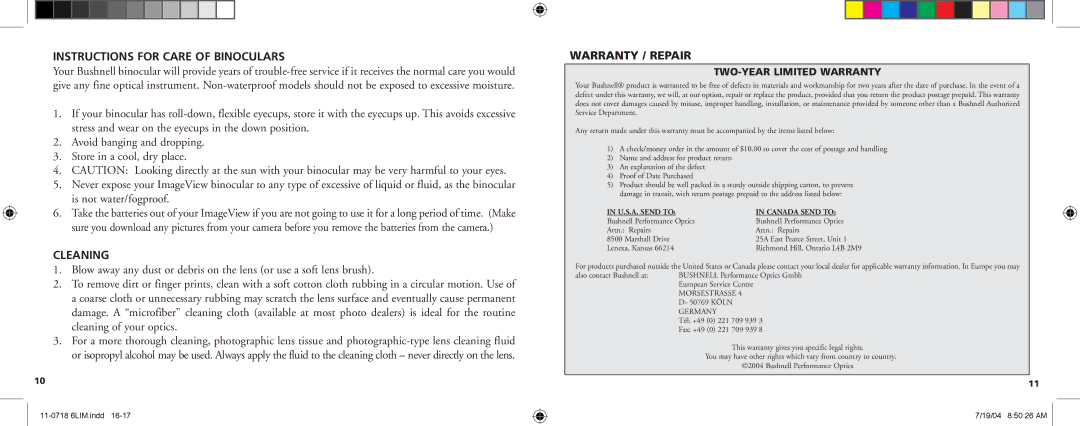 Bushnell 11-0718 manual Instructions for Care of Binoculars, Cleaning, Warranty / Repair, TWO-YEAR Limited Warranty 