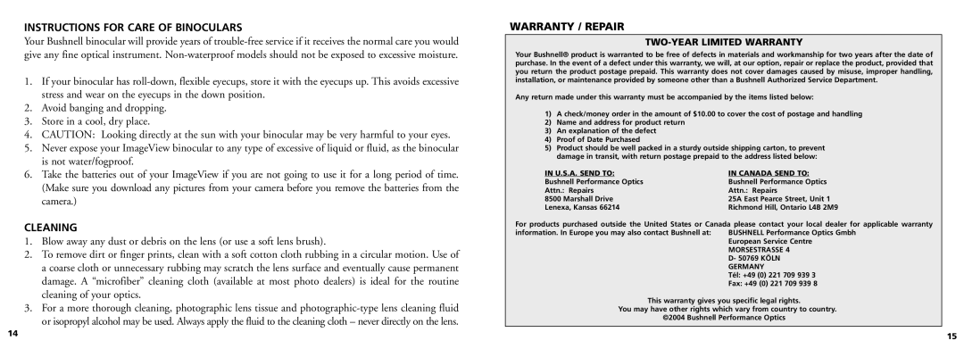 Bushnell 11-0832 manual Instructions for Care of Binoculars, Warranty / Repair, Cleaning 