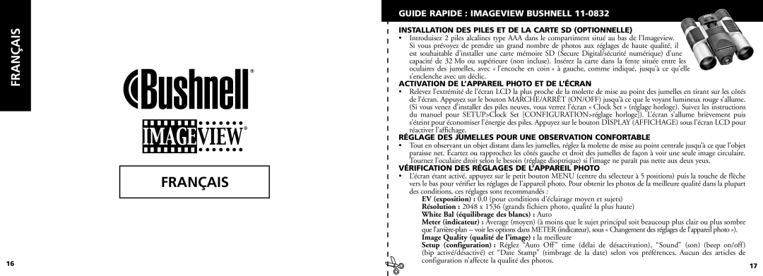 Bushnell 11-0832 manual Guide Rapide Imageview Bushnell, Installation DES Piles ET DE LA Carte SD Optionnelle 