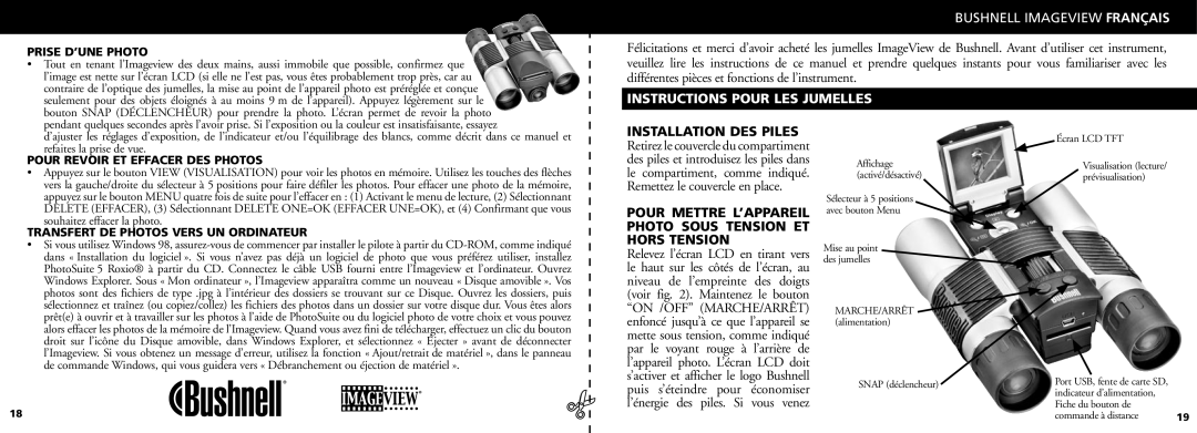 Bushnell 11-0832 manual Instructions Pour LES Jumelles, Pour Mettre L’APPAREIL Photo Sous Tension ET Hors Tension 