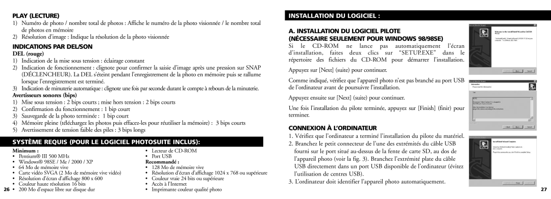 Bushnell 11-0832 manual Play Lecture, Indications PAR DEL/SON, Système Requis Pour LE Logiciel Photosuite Inclus 