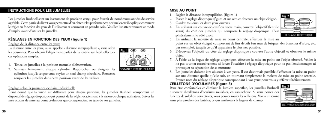 Bushnell 11-0832 manual Mise AU Point, Réglages EN Fonction DES Yeux figure, Ceilletons D’OCULAIRES figure 