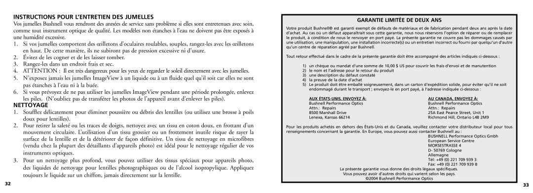 Bushnell 11-0832 manual Instructions Pour L’ENTRETIEN DES Jumelles, Nettoyage, Garantie Limitée DE Deux ANS 