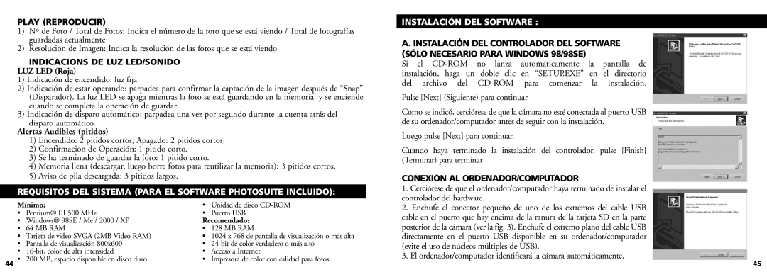 Bushnell 11-0832 manual Play Reproducir, Indicacions DE LUZ LED/SONIDO, Instalación DEL Software 