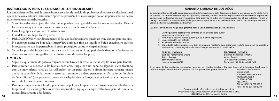 Bushnell 11-0832 manual Instrucciones Para EL Cuidado DE LOS Binoculares, Limpieza 